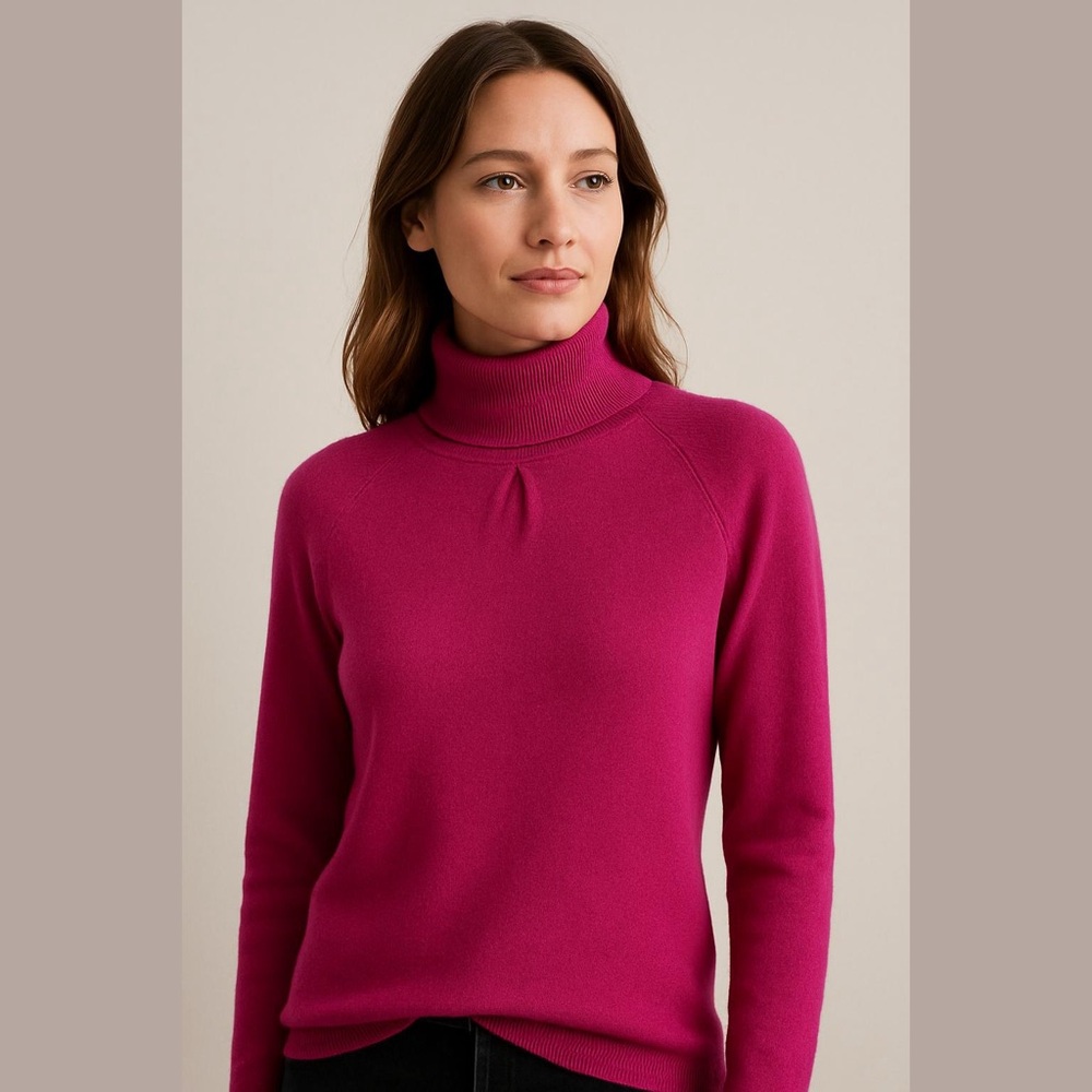 Julie and Jack 100% Cashmere Magenta Pleat Yoke Turtleneck Sweater Size S